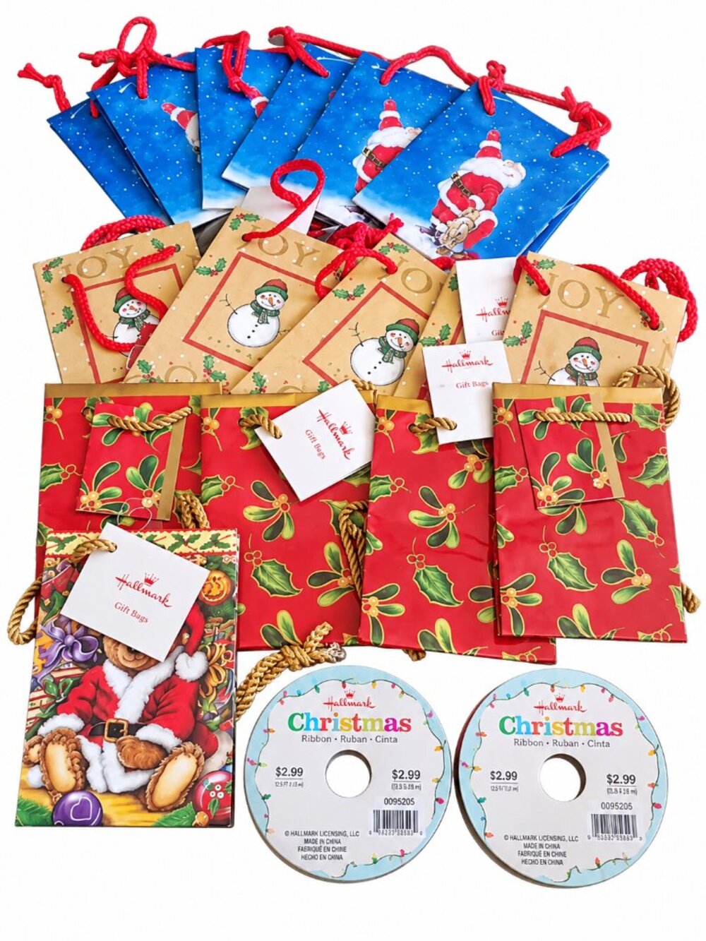 Assorted Christmas Gift Bag & Ribbon Lot Santa Snowman Holly Teddy Bear